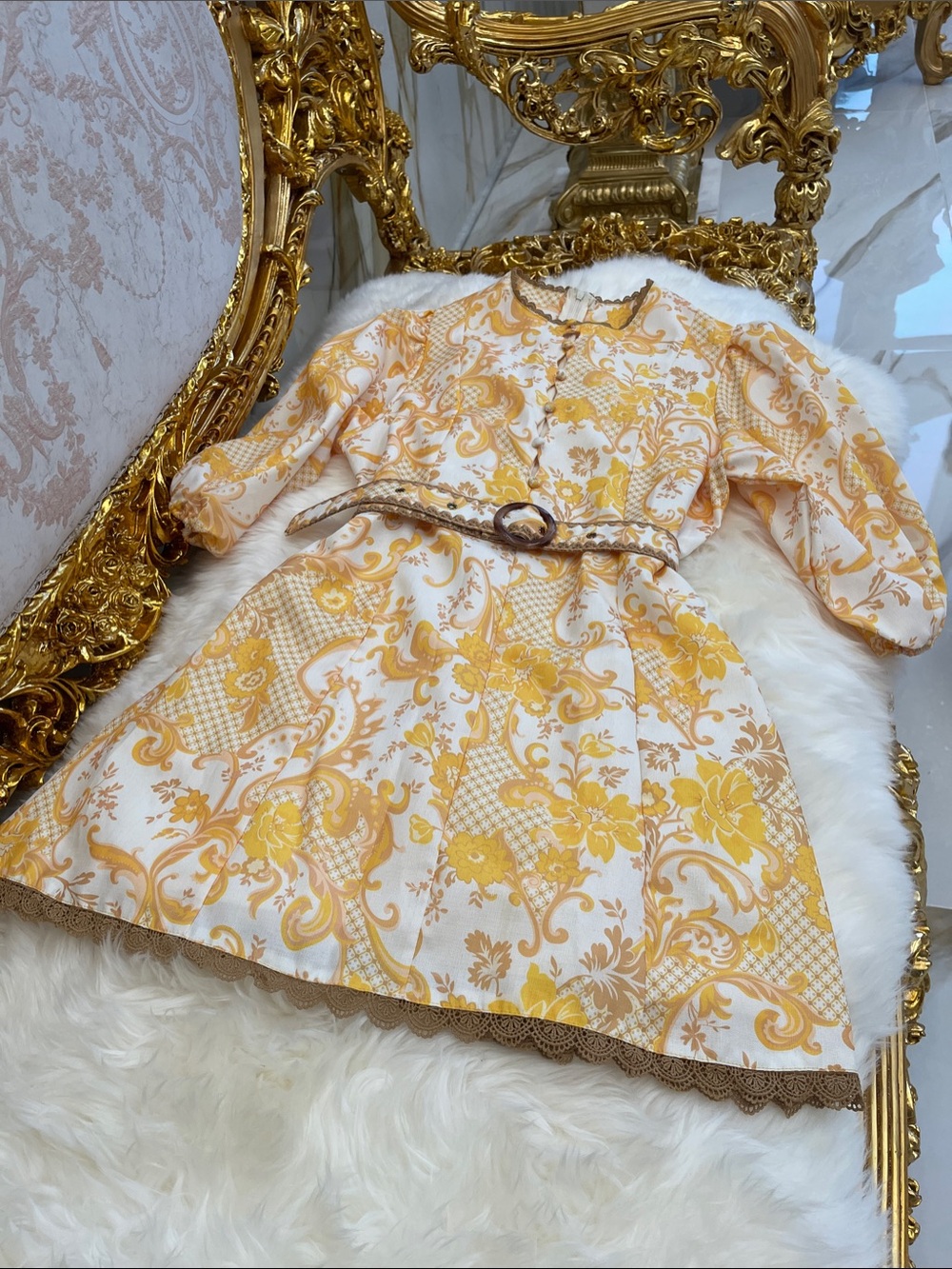 Yellow & White Floral Vintage-Style Dress with Belt